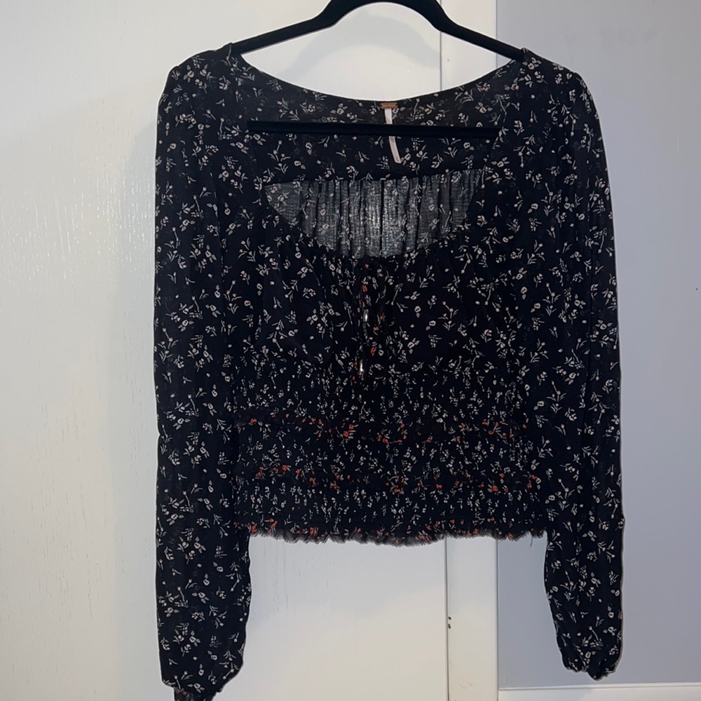 Free People floral long sleeve tie front blouse